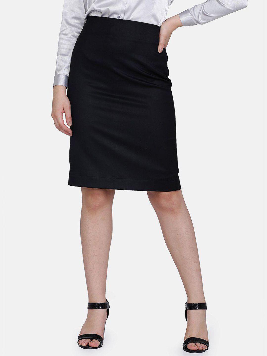 powersutra women black solid straight knee length skirt