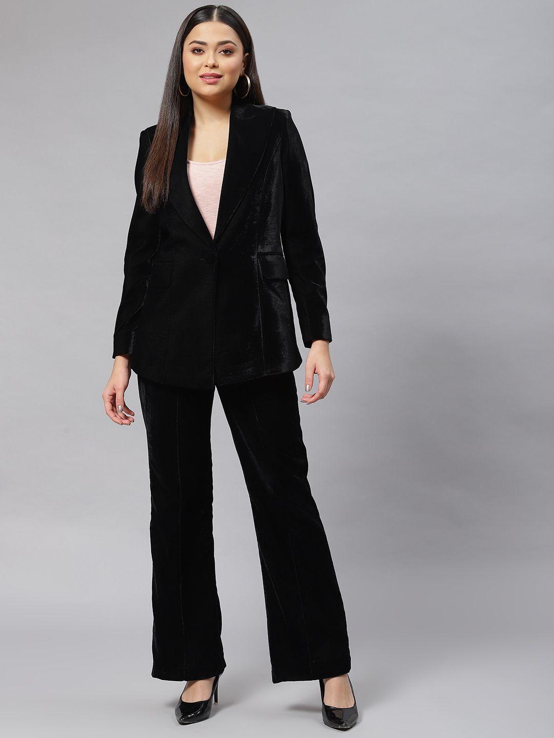 powersutra women black solid velvet finish blazer & trousers set