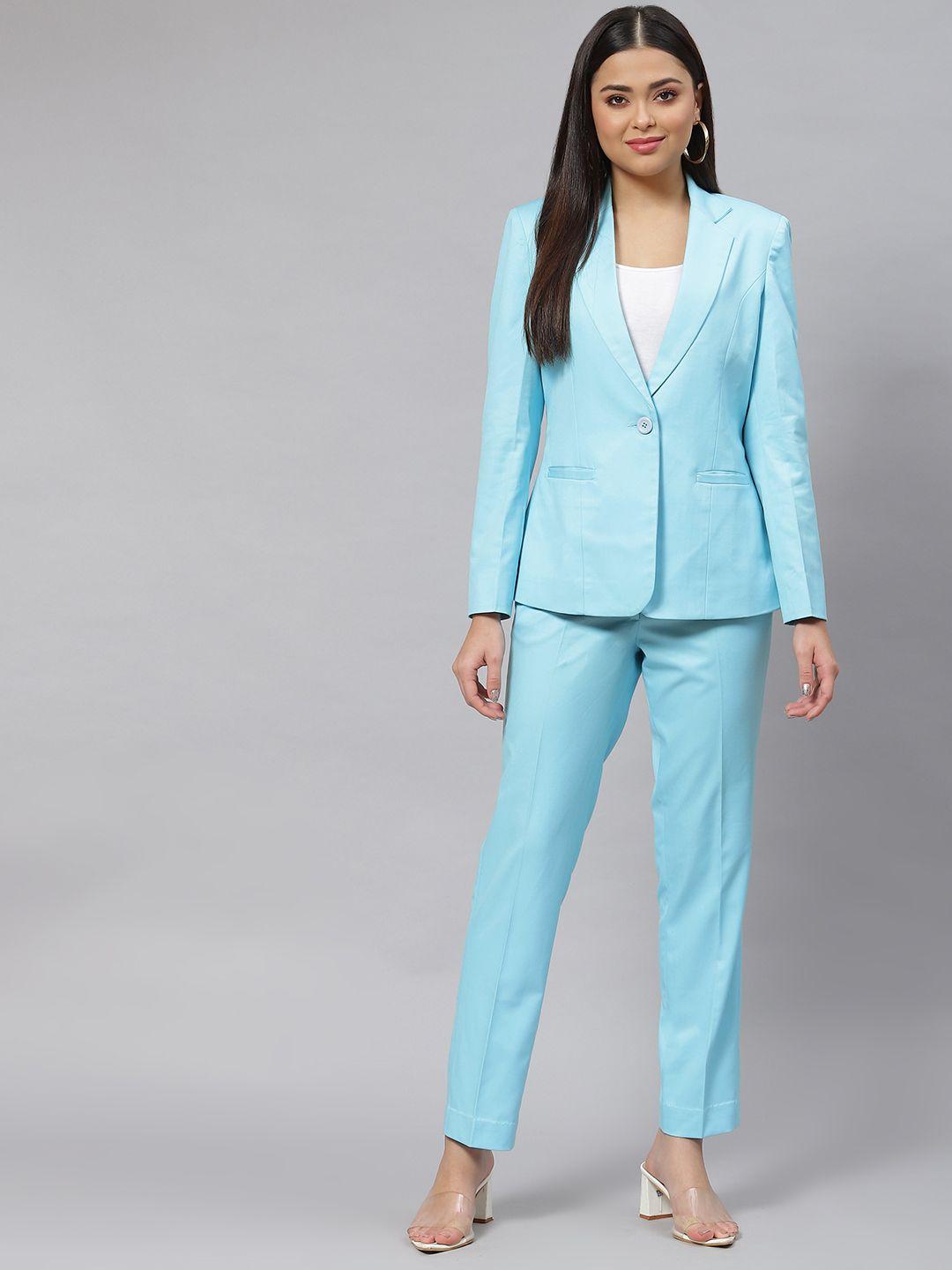 powersutra women blue solid blazer & trousers set