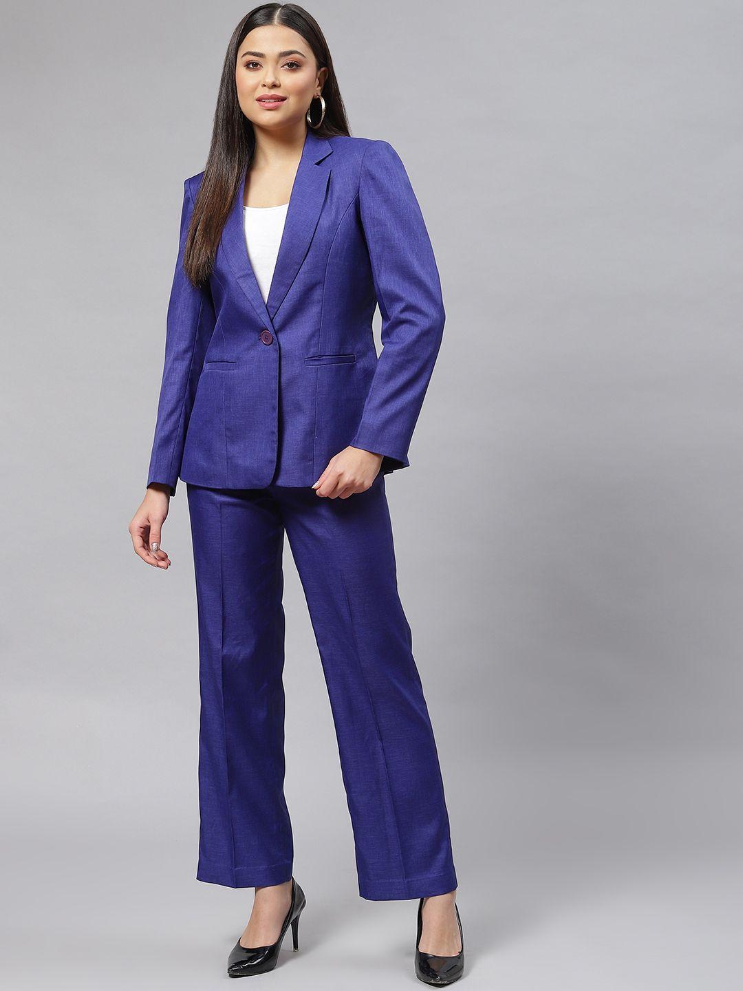 powersutra women blue solid blazer & trousers set