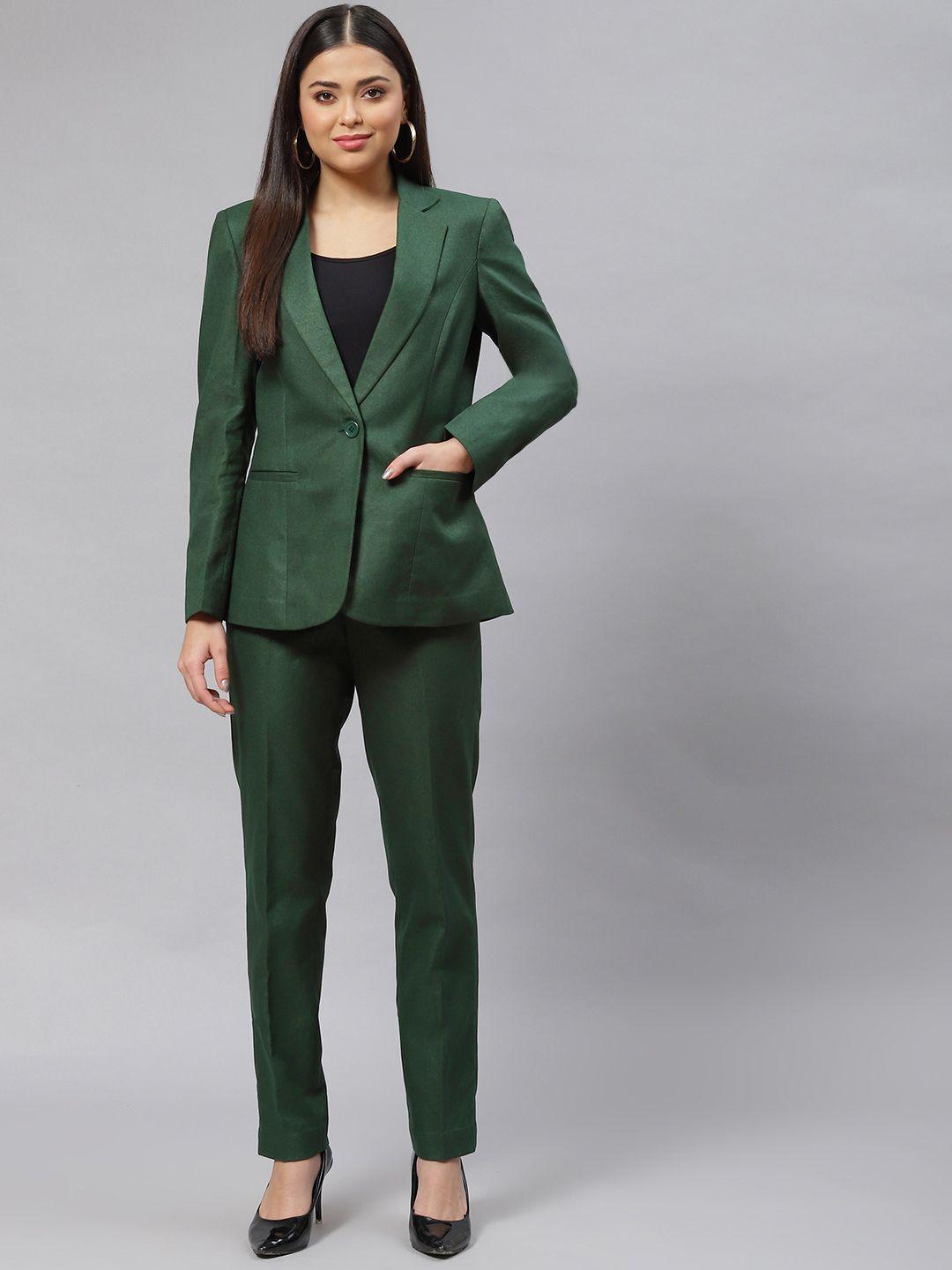 powersutra women green solid blazer & trousers set