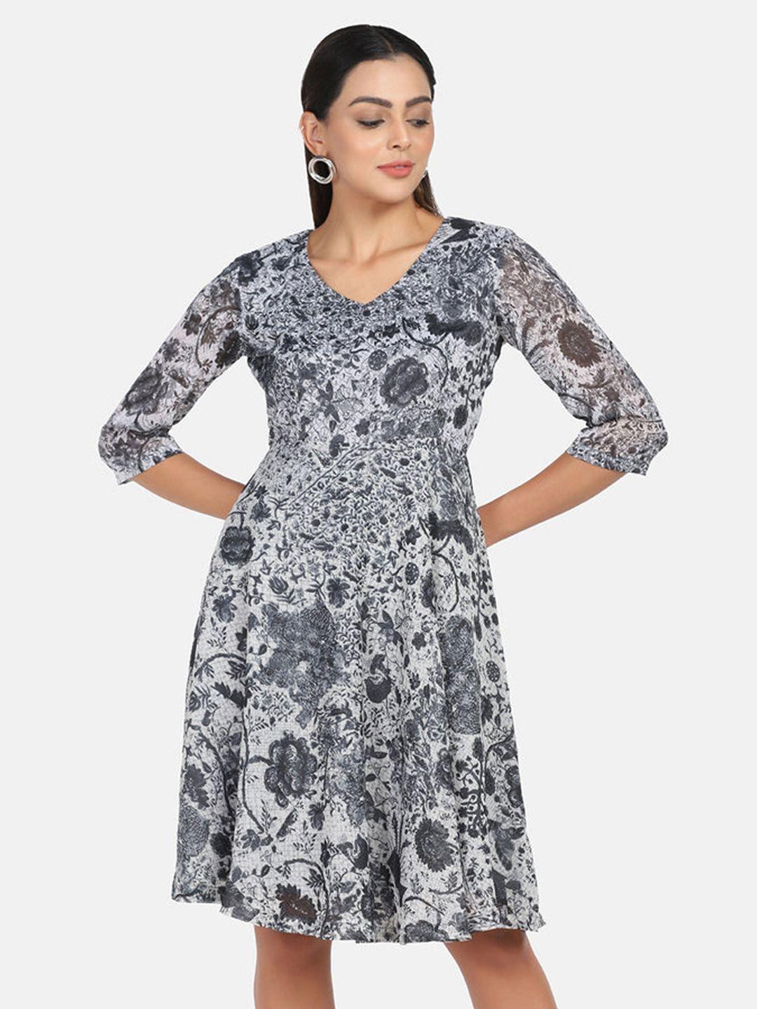 powersutra women grey & black floral georgette dress