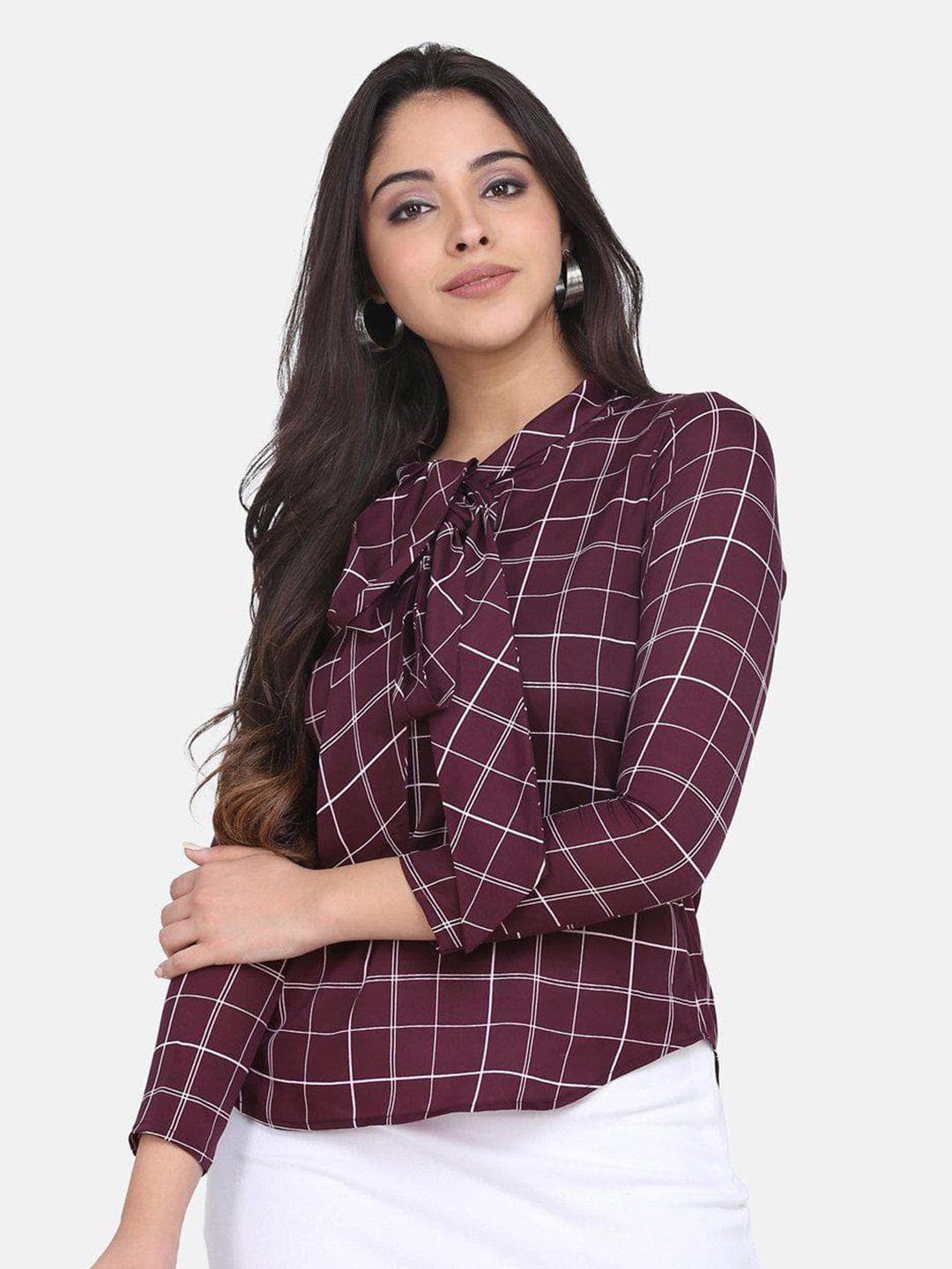 powersutra women maroon & white checked tie-up neck crepe shirt style top