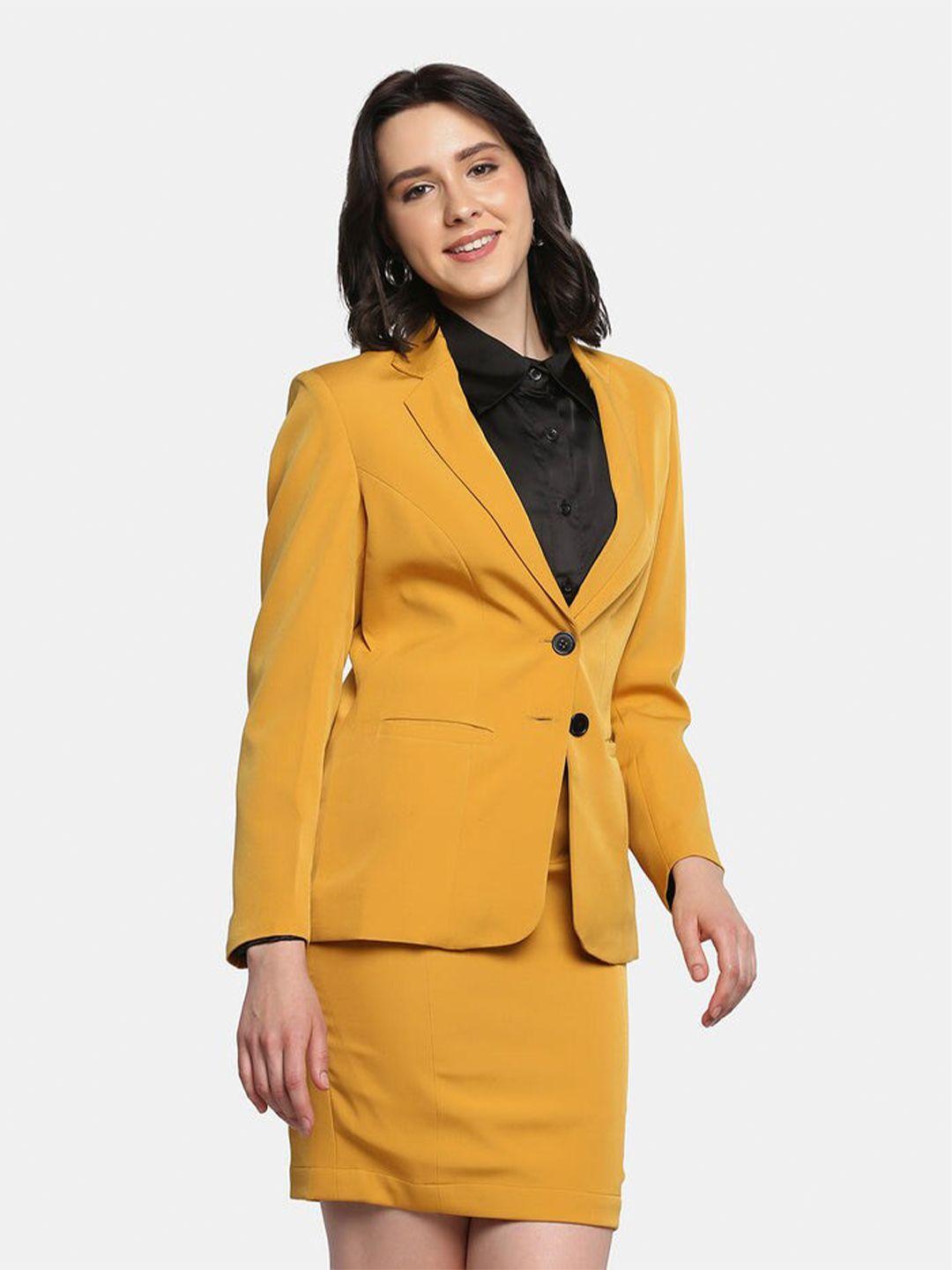 powersutra women mustard solid formal blazer with skirt