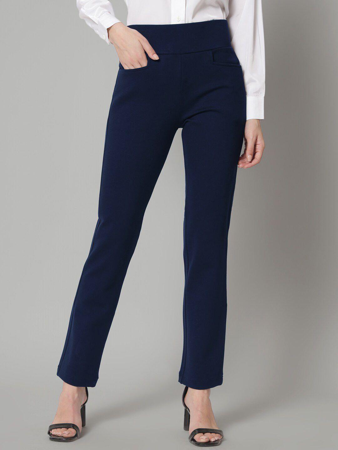 powersutra women navy blue tailored skinny fit high-rise easy wash trousers