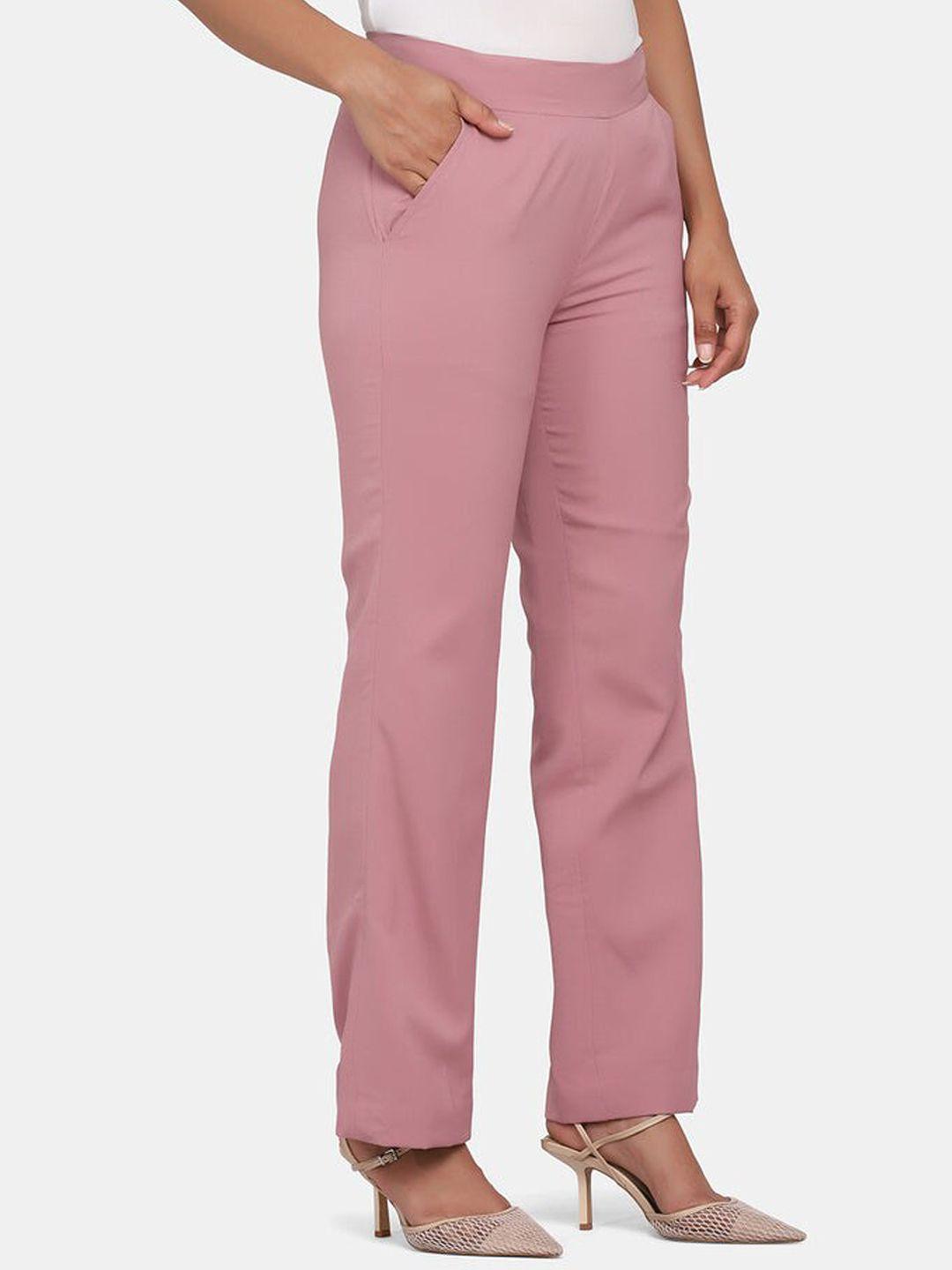 powersutra women pink solid straight fit trousers