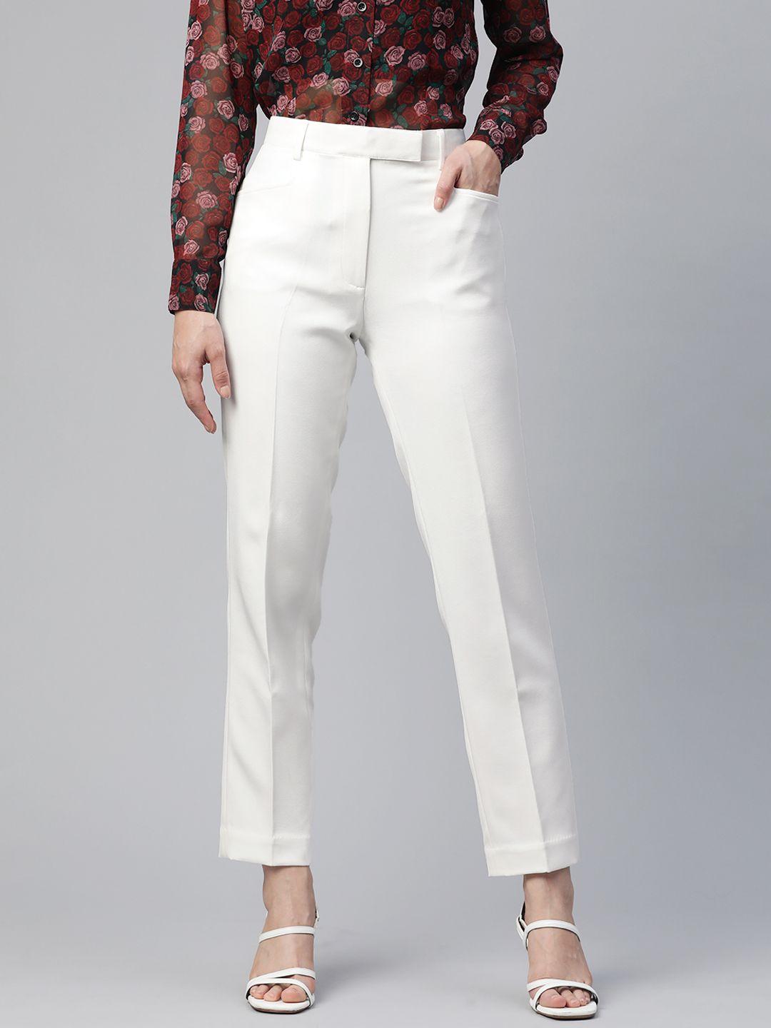 powersutra women white solid regular fit trousers