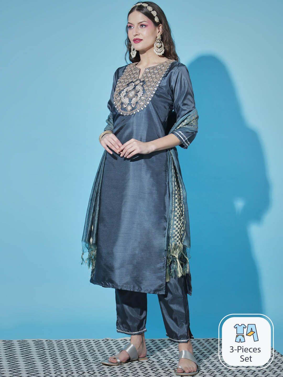 pptoss ethnic motifs embroidered kurta with trousers & with dupatta