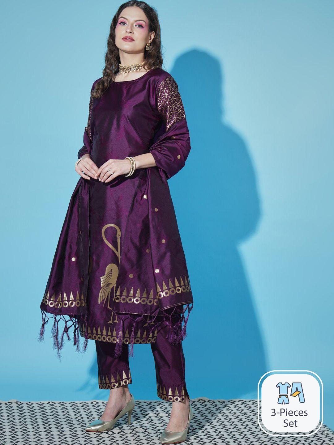 pptoss ethnic motifs woven design regular kurta with trousers & with dupatta