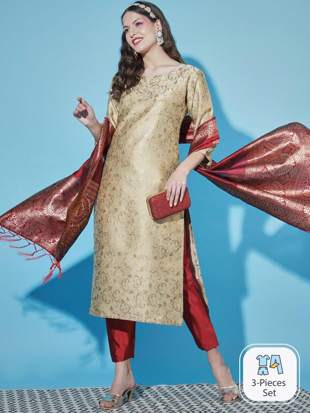 pptoss floral woven design kurta with trousers & with dupatta