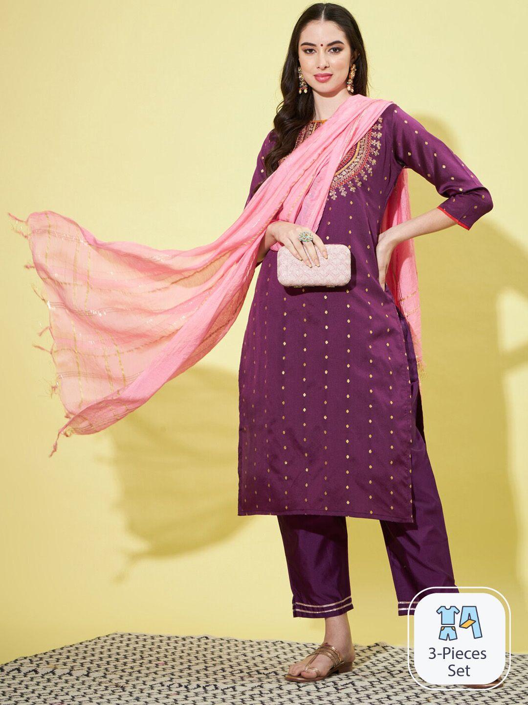 pptoss floral yoke embroidered sequinned kurta with trousers & dupatta