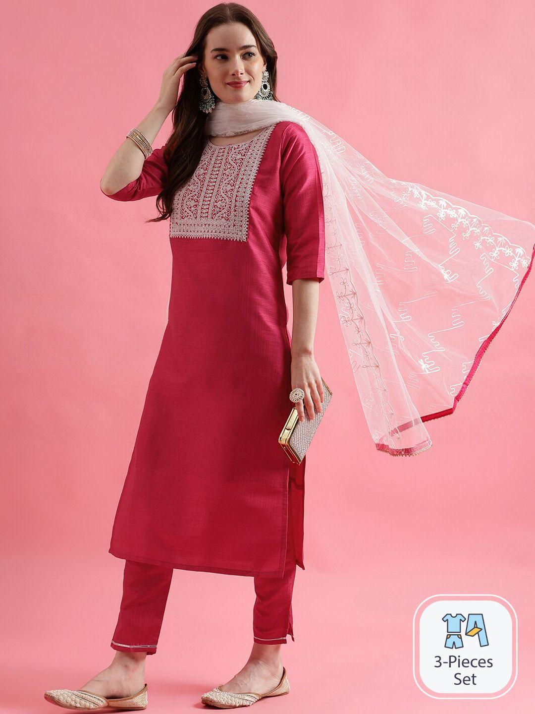 pptoss embroidered kurta with trousers & dupatta