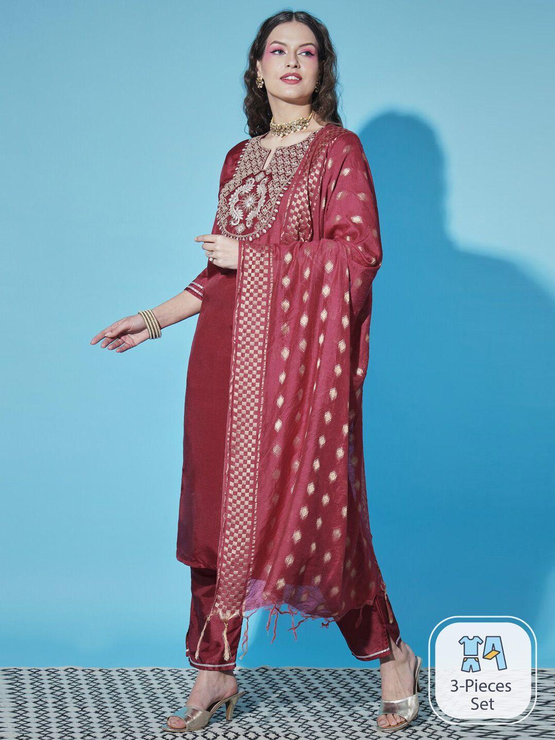 pptoss ethnic motifs embroidered kurta with trousers & with dupatta