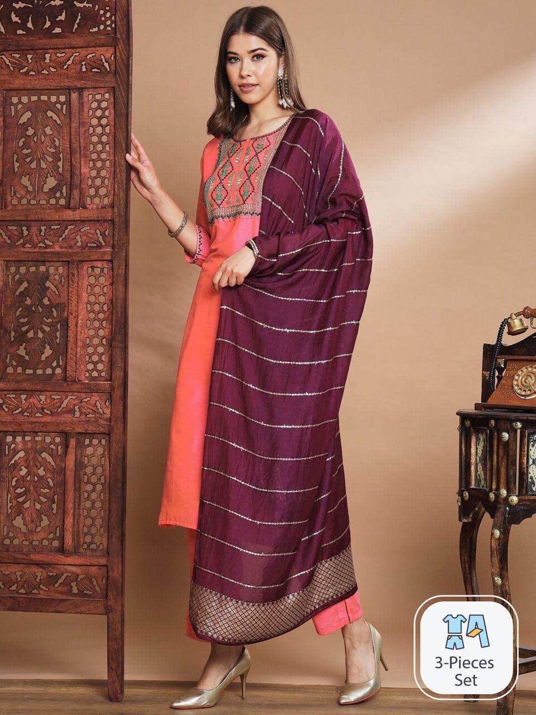 pptoss ethnic motifs embroidered regular kurta with trousers & with dupatta