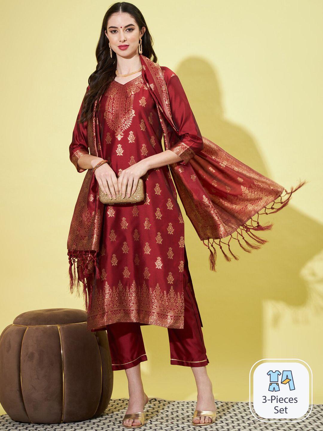 pptoss ethnic motifs woven design kurta with trousers & with dupatta