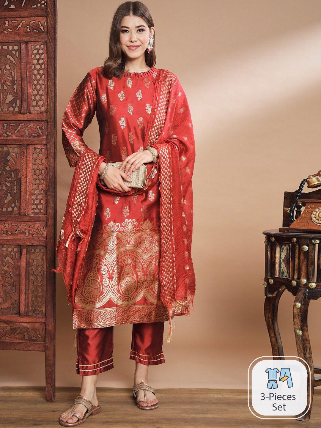 pptoss ethnic motifs woven design regular kurta with trousers & with dupatta