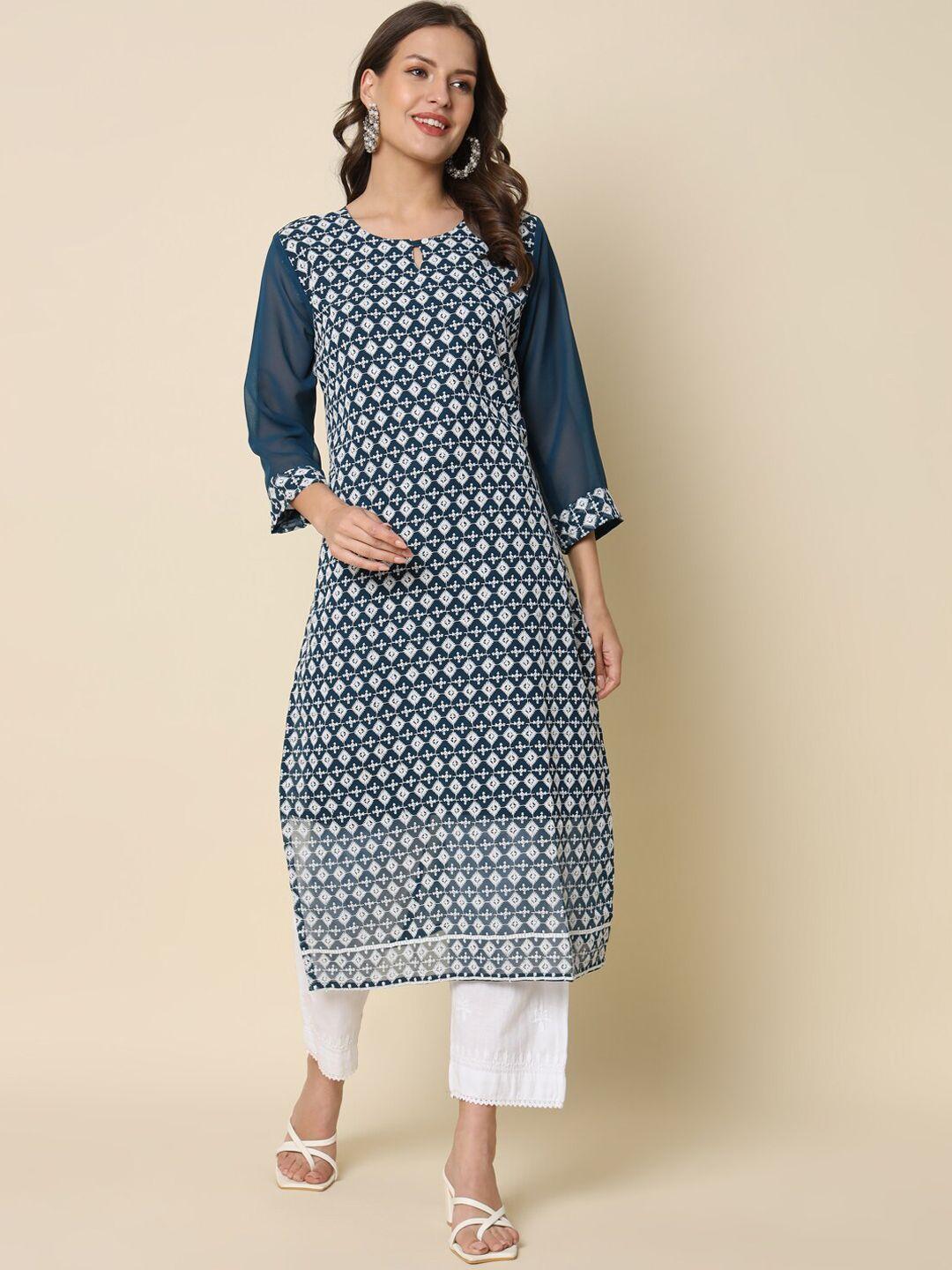 pptoss ethnic printed keyhole neck georgette casual kurta