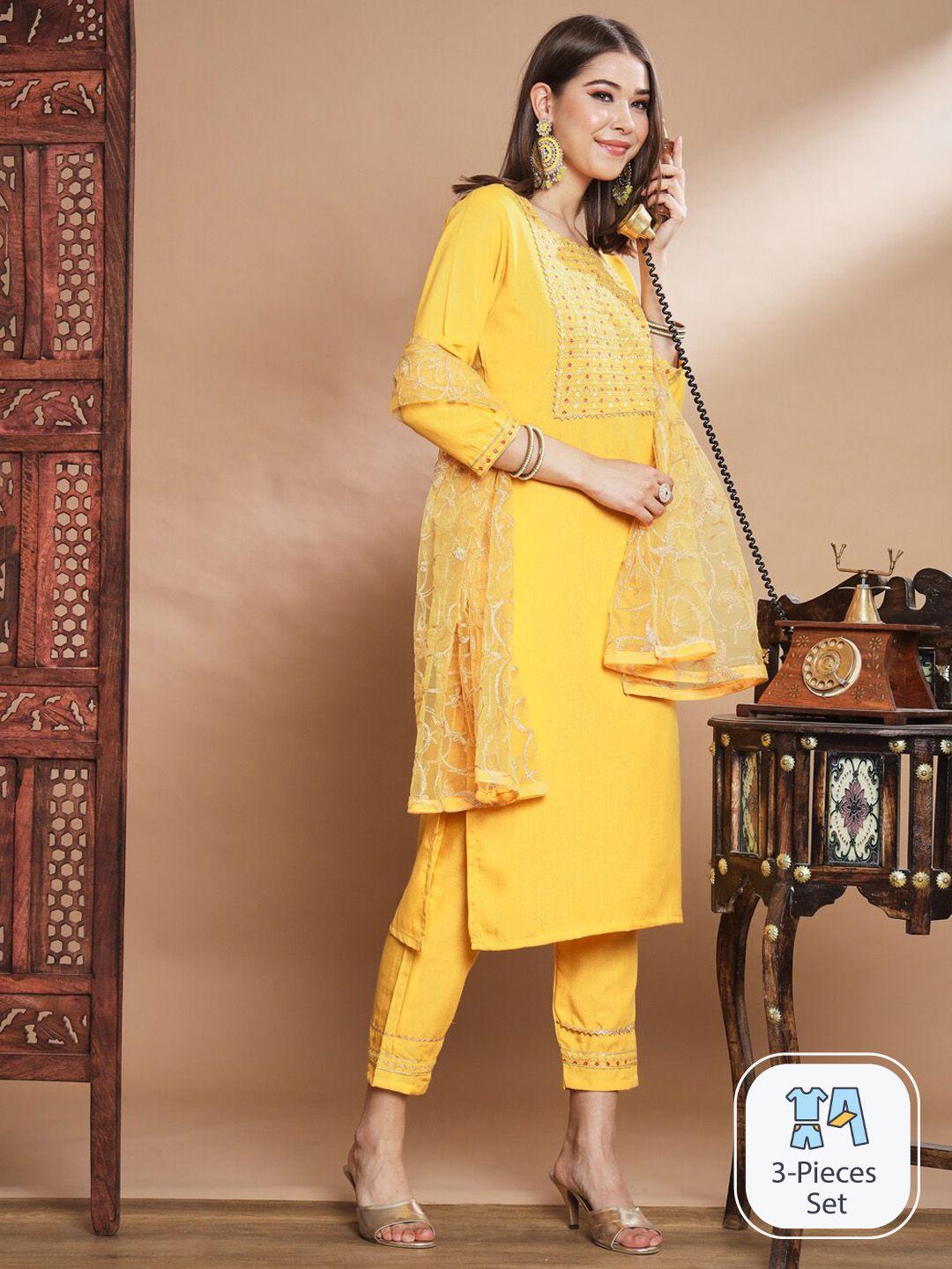 pptoss ethnic yoke design gotta patti straight kurta with trouser & dupatta