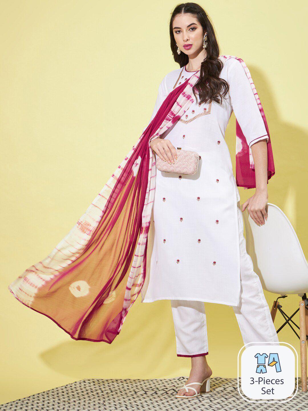 pptoss floral embroidered regular kurta with trousers & dupatta