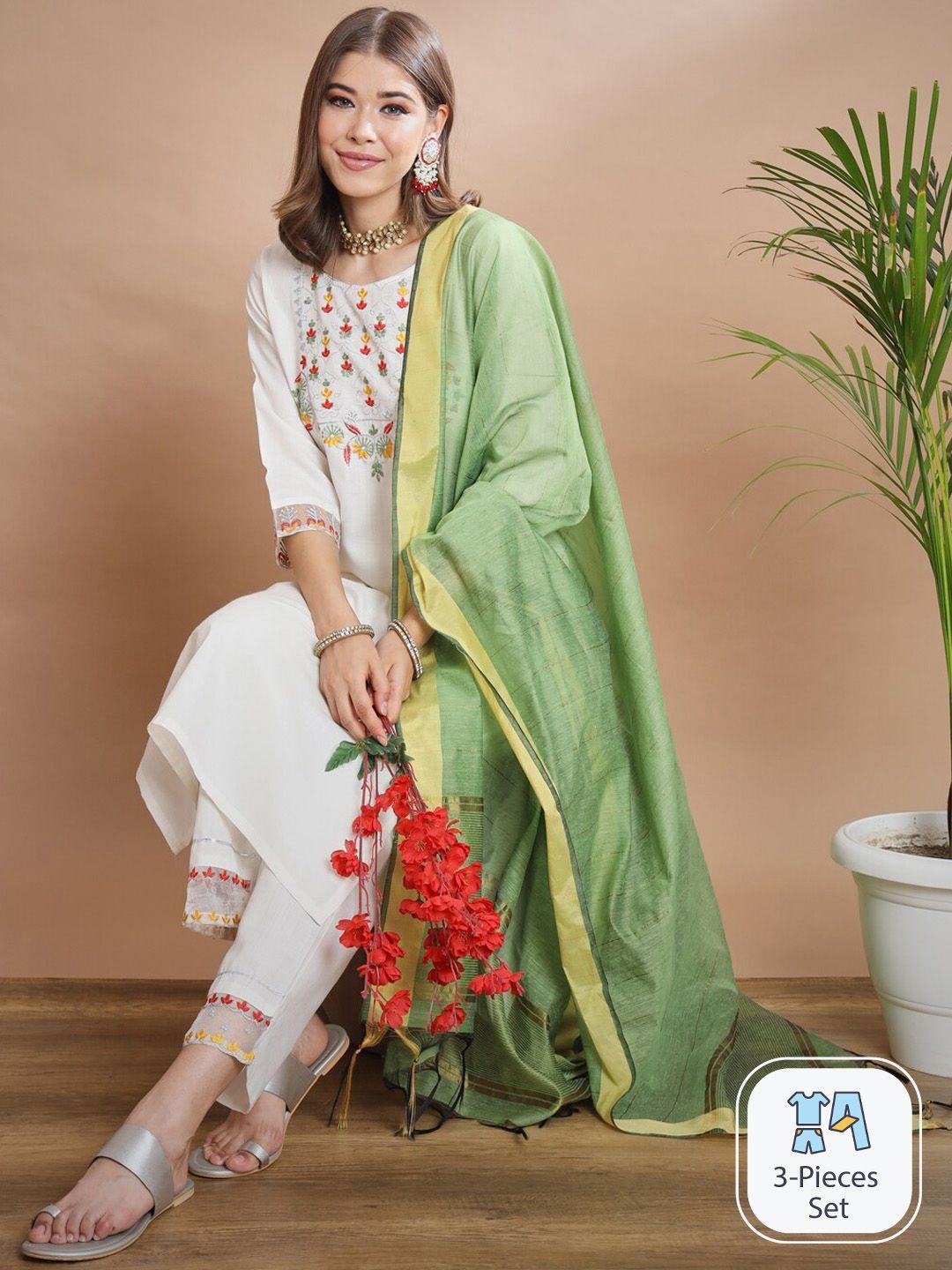 pptoss floral embroidered regular kurta with trousers & dupatta