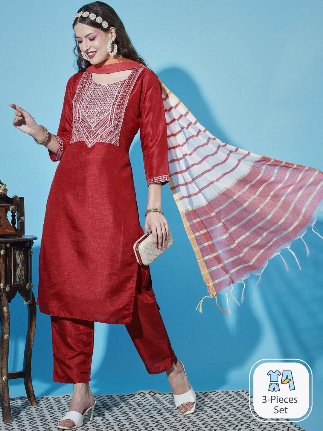 pptoss floral embroidered regular kurta with trousers & dupatta