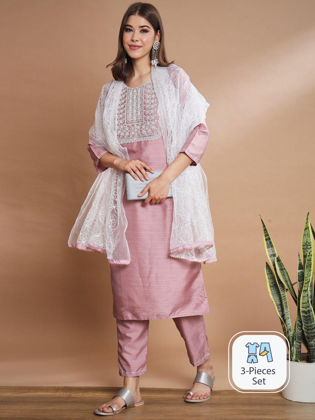 pptoss floral embroidered regular sequinned kurta with trousers & dupatta