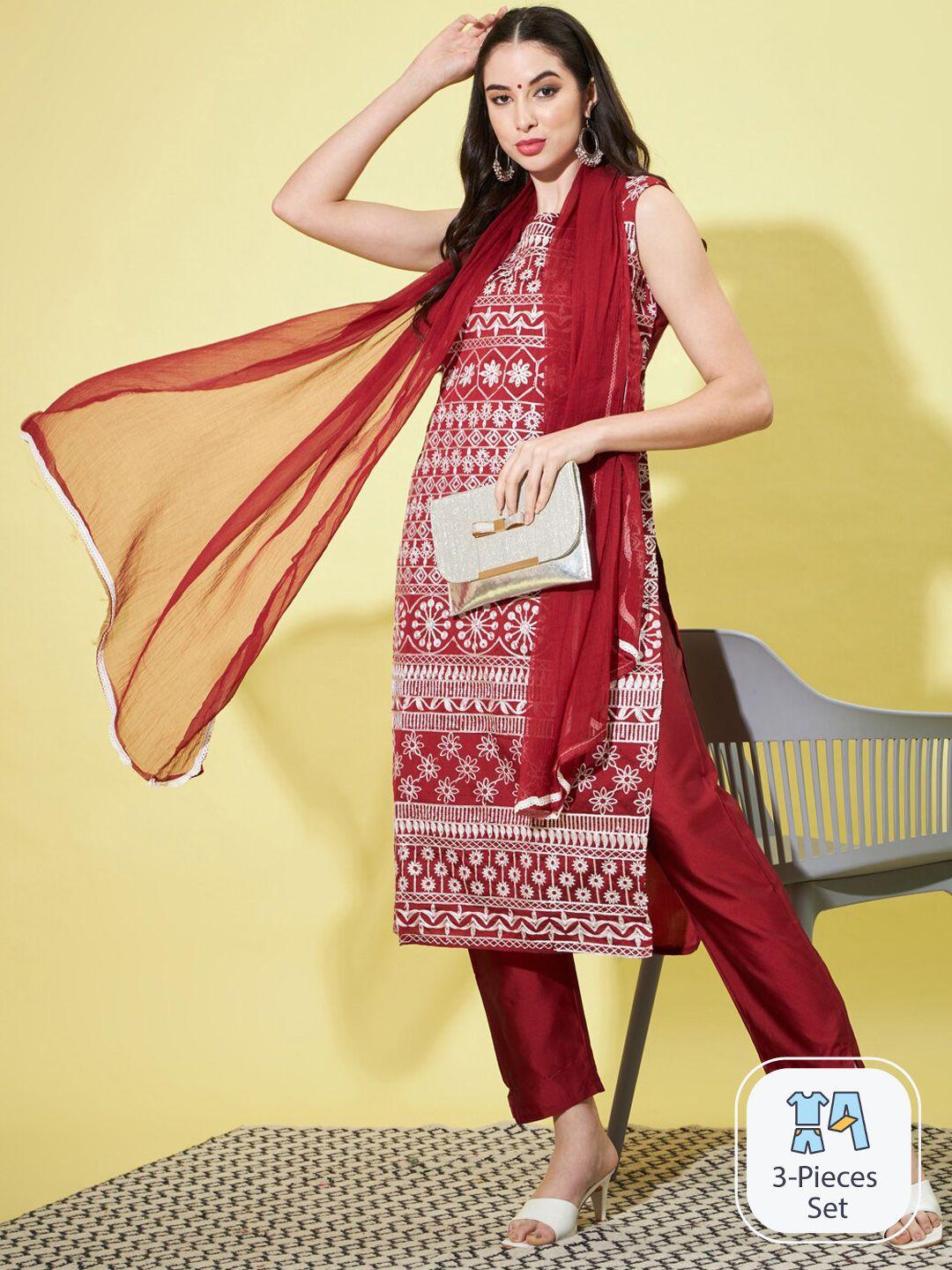 pptoss floral embroidered regular thread work kurta with trousers & dupatta