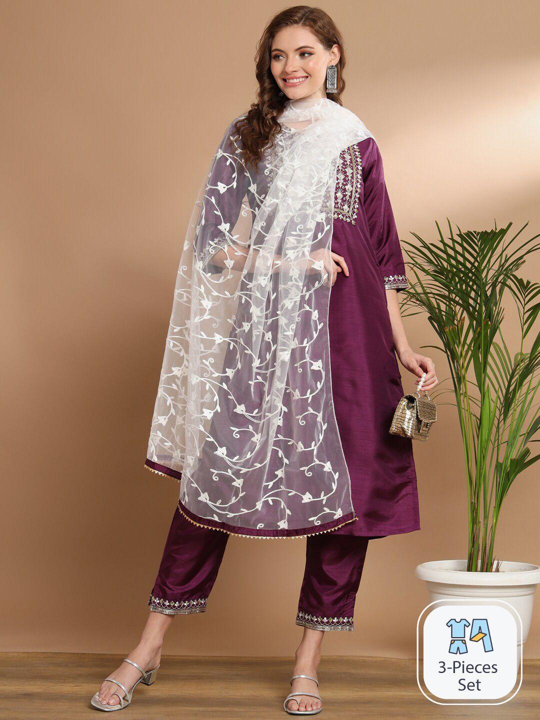 pptoss floral embroidered sequined & gotta patti straight kurta & trousers with dupatta