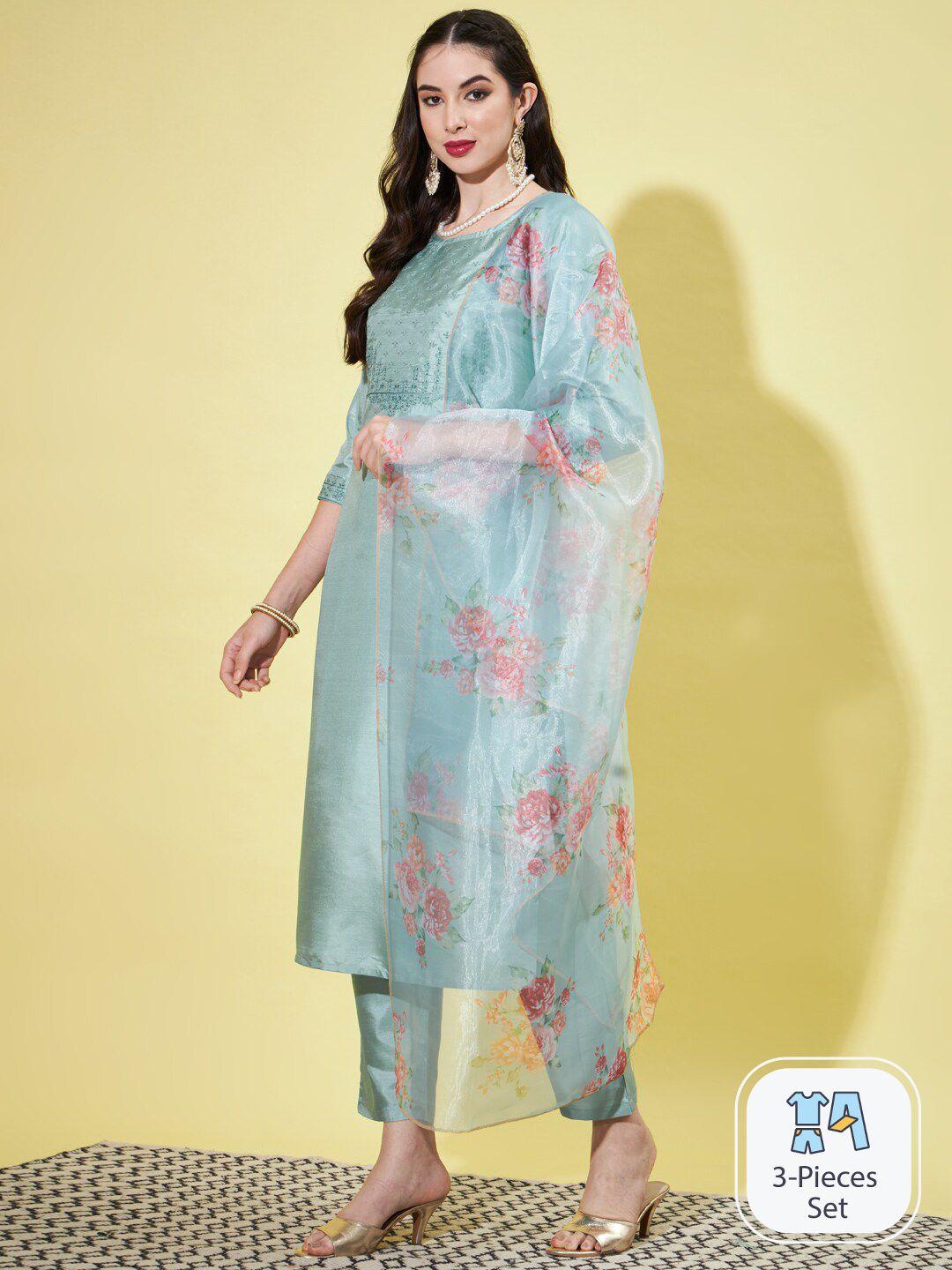 pptoss floral embroidered sequined yoke straight kurta & trousers with dupatta