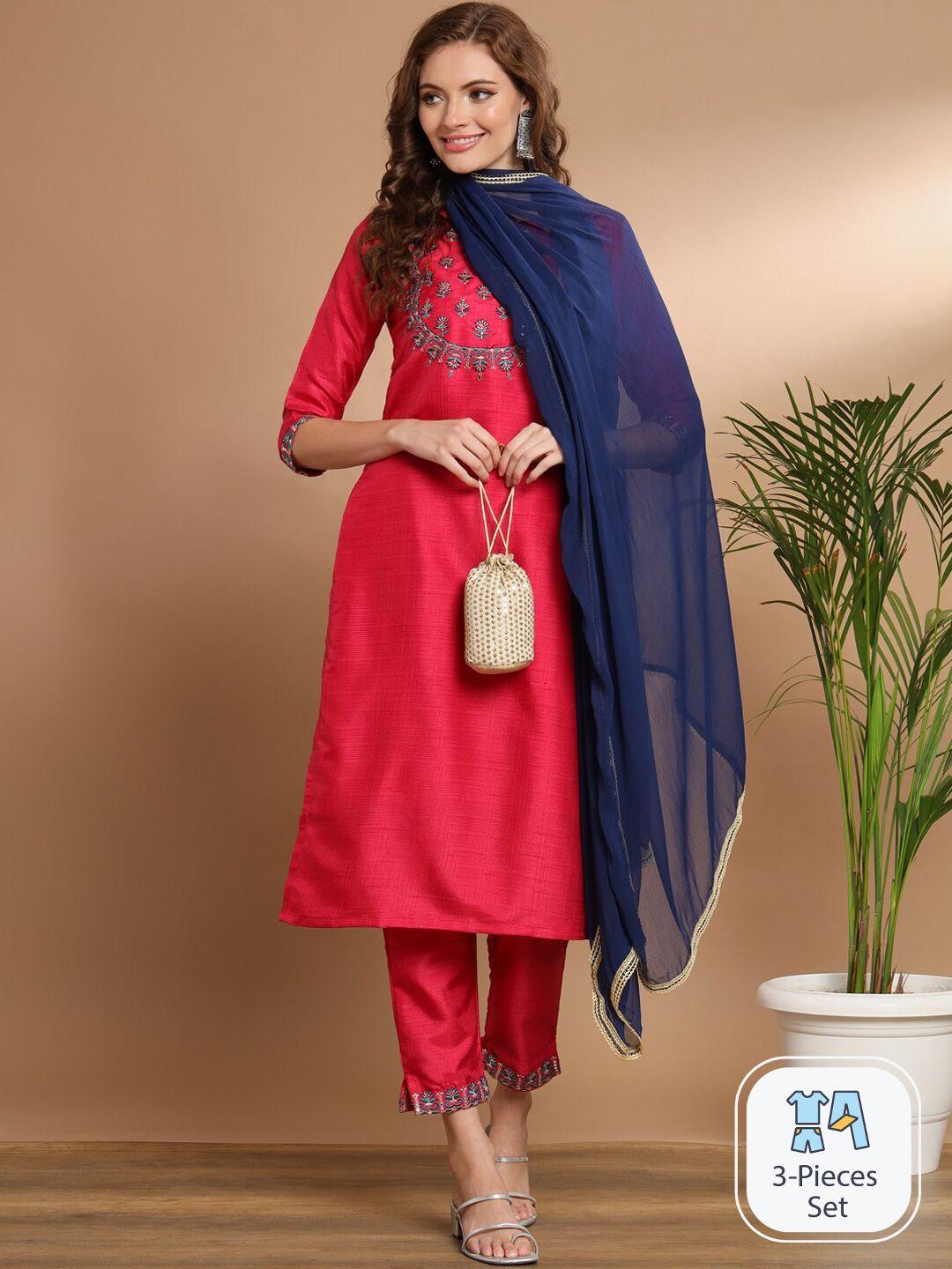 pptoss floral embroidered thread work kurta with trousers & dupatta