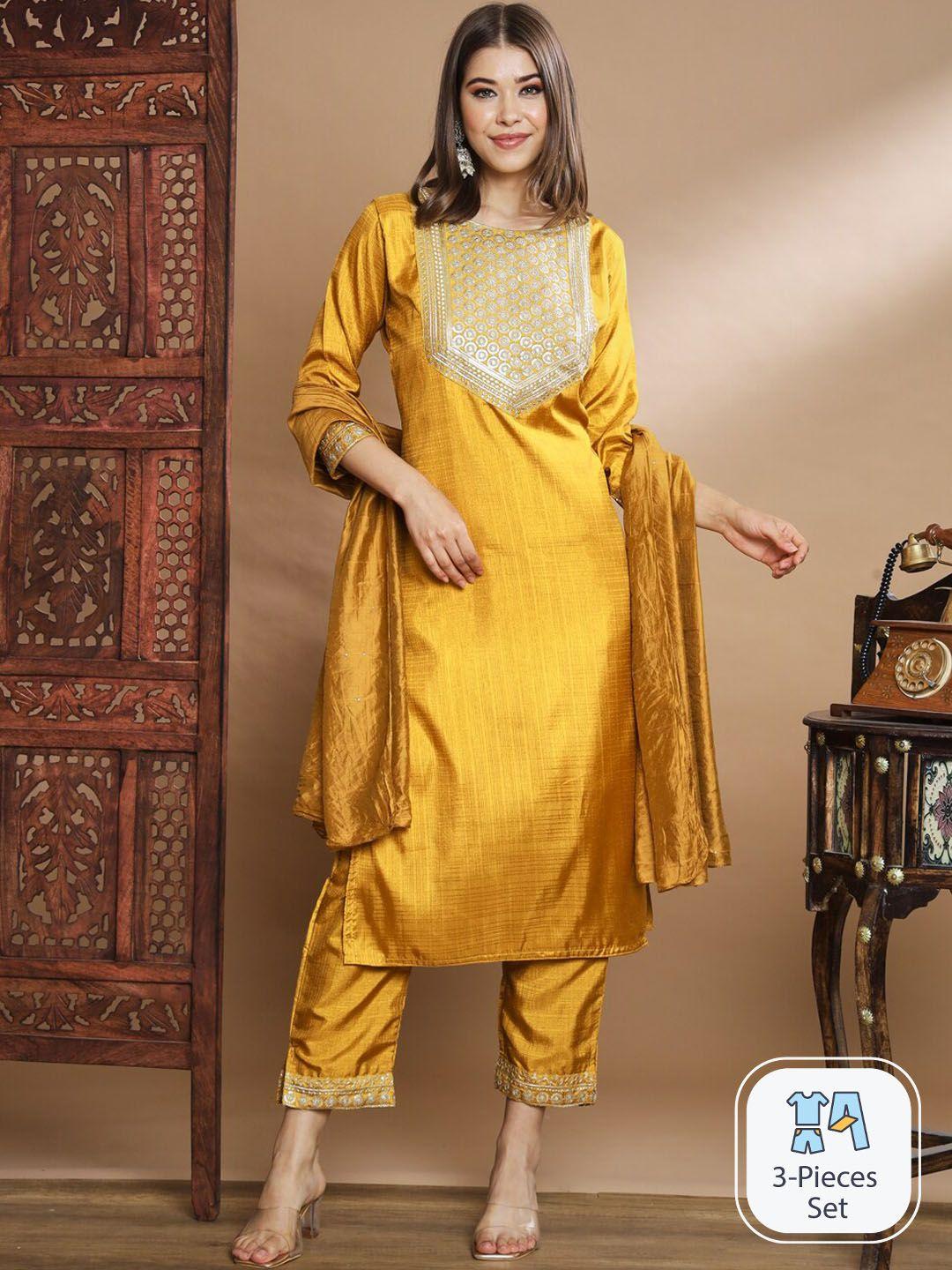 pptoss floral embroidered thread work kurta with trousers & dupatta