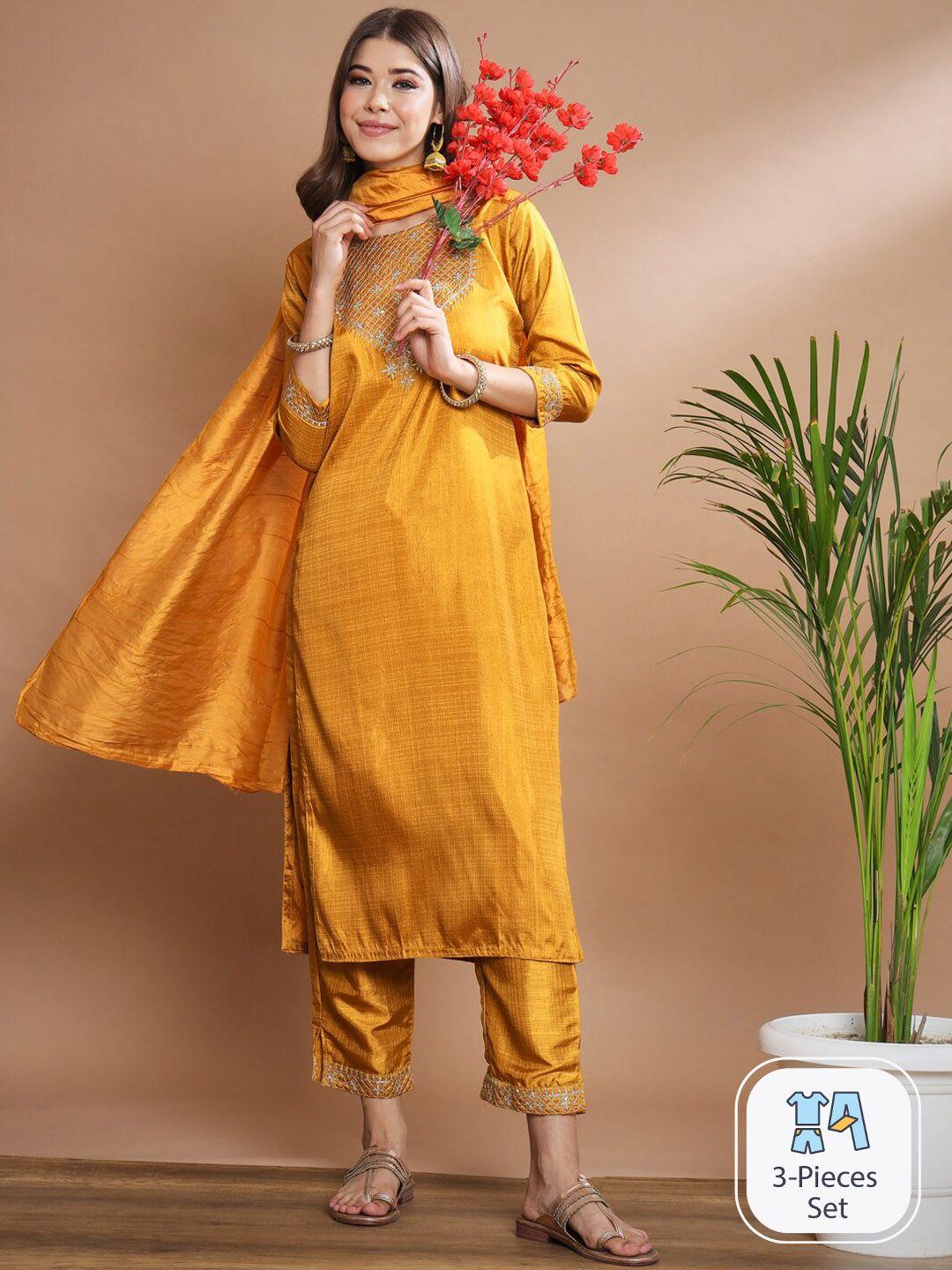 pptoss floral embroidered thread work kurta with trousers & dupatta