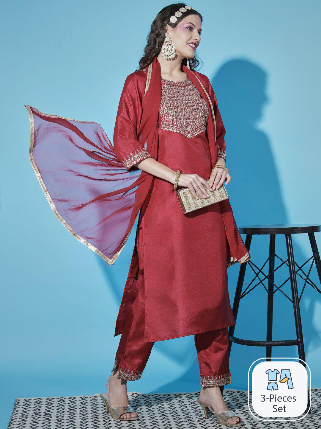 pptoss floral embroidered thread work kurta with trousers & dupatta