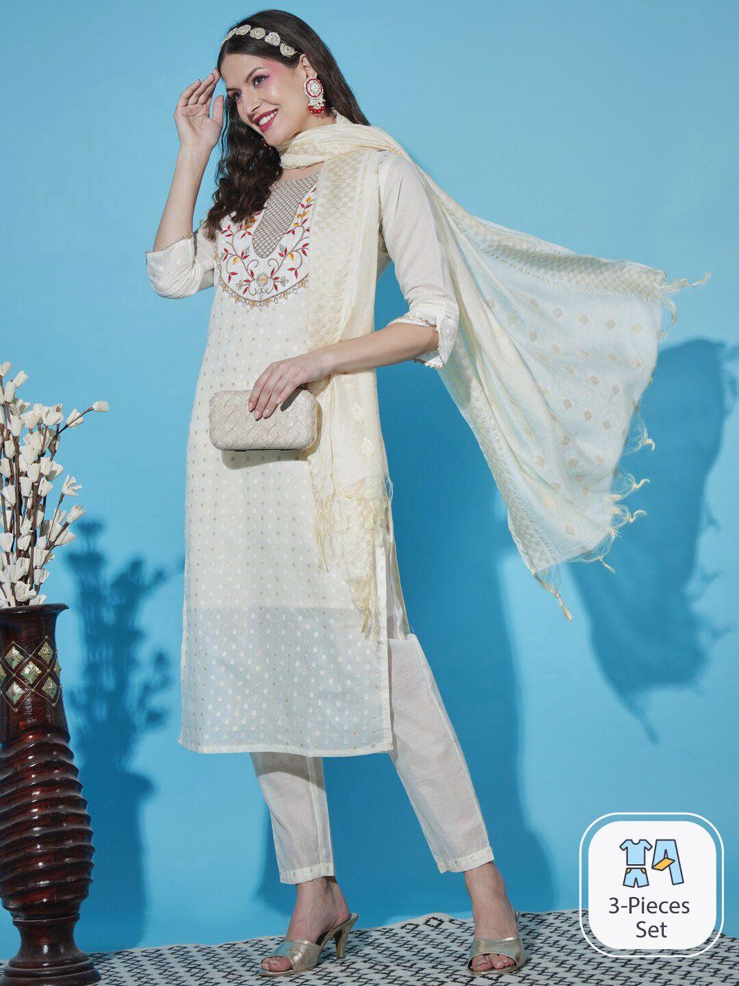 pptoss floral embroidered thread work straight kurta with trousers & dupatta