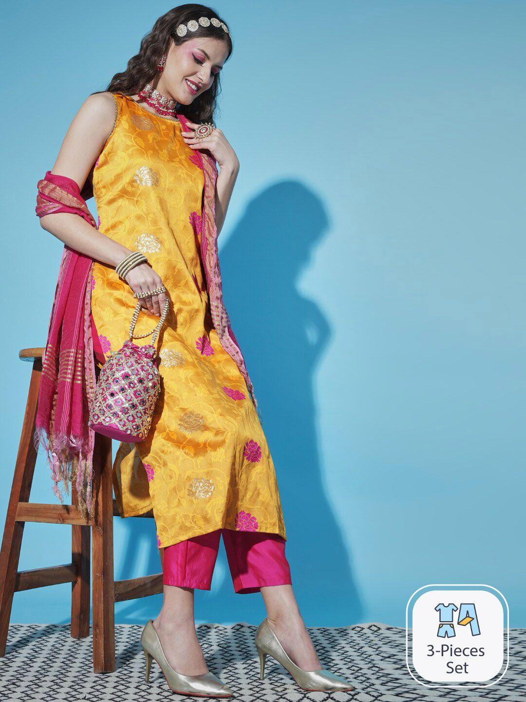 pptoss floral woven design embellished kurta with trousers & with dupatta