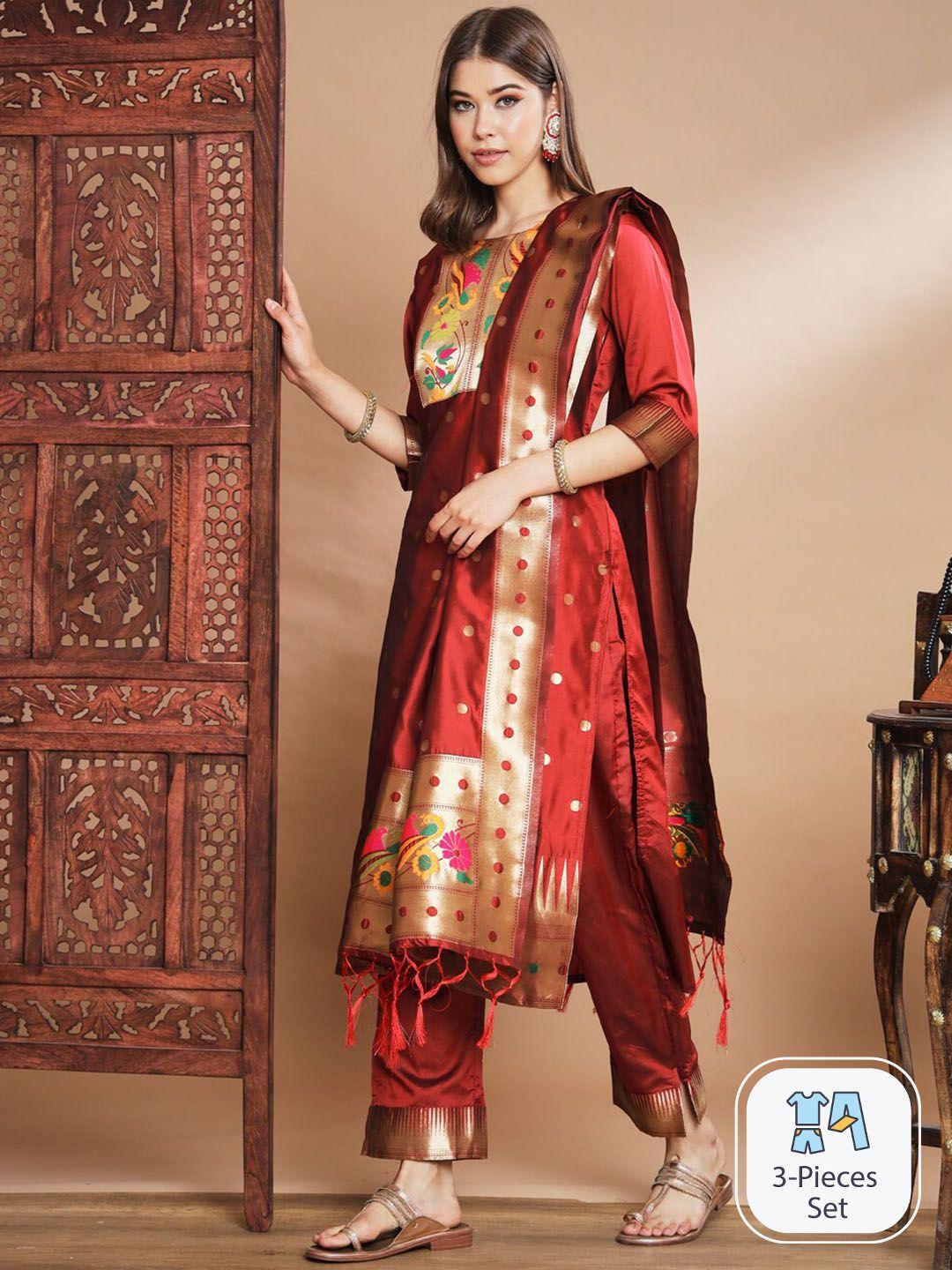 pptoss floral woven design kurta with trousers & with dupatta