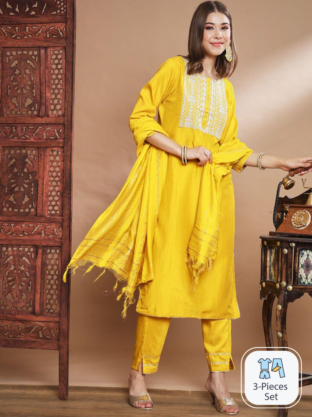 pptoss floral yoke design embroidered kurta & trousers with dupatta