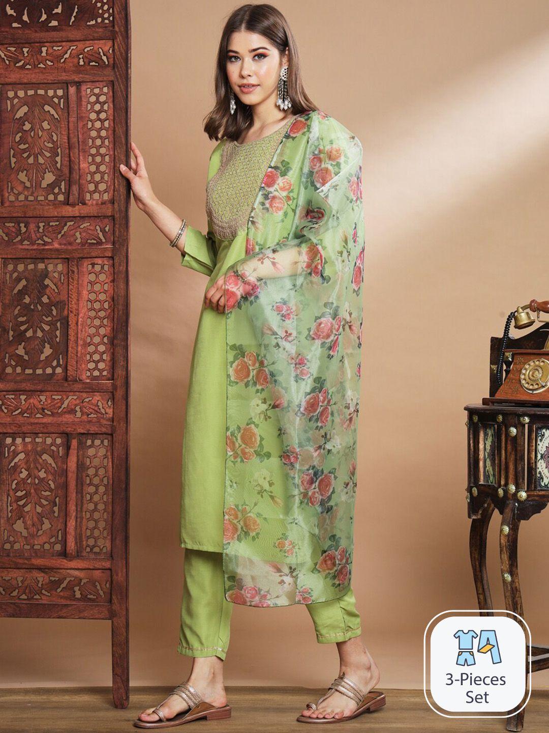 pptoss floral yoke design embroidered kurta & trousers with dupatta