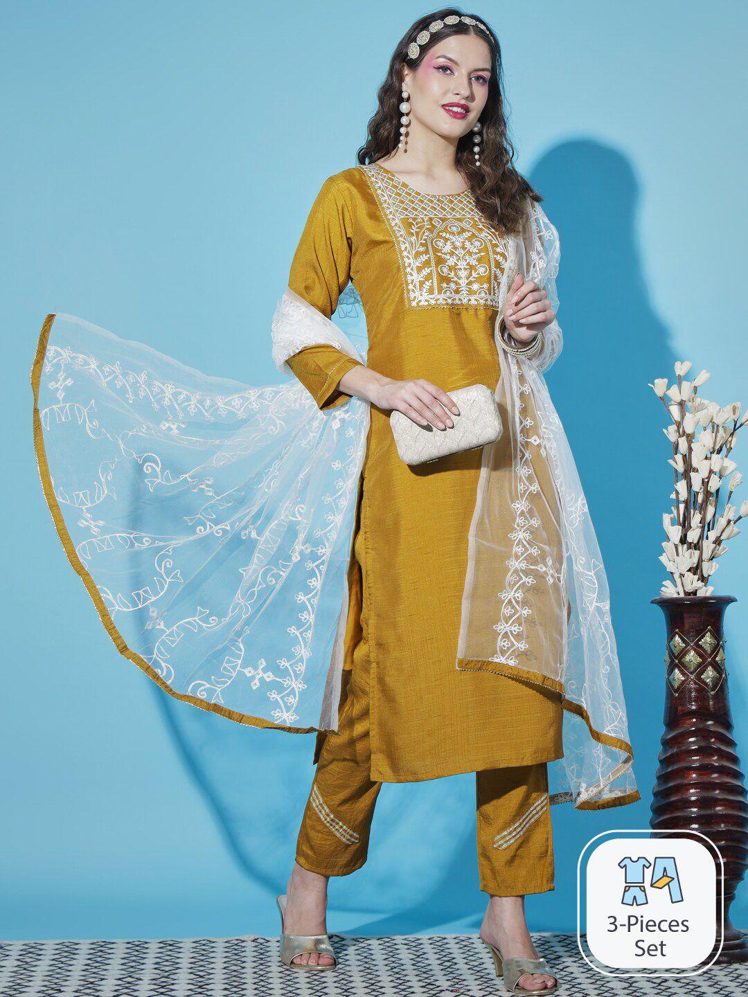 pptoss floral yoke design embroidered thread work kurta & trousers with dupatta