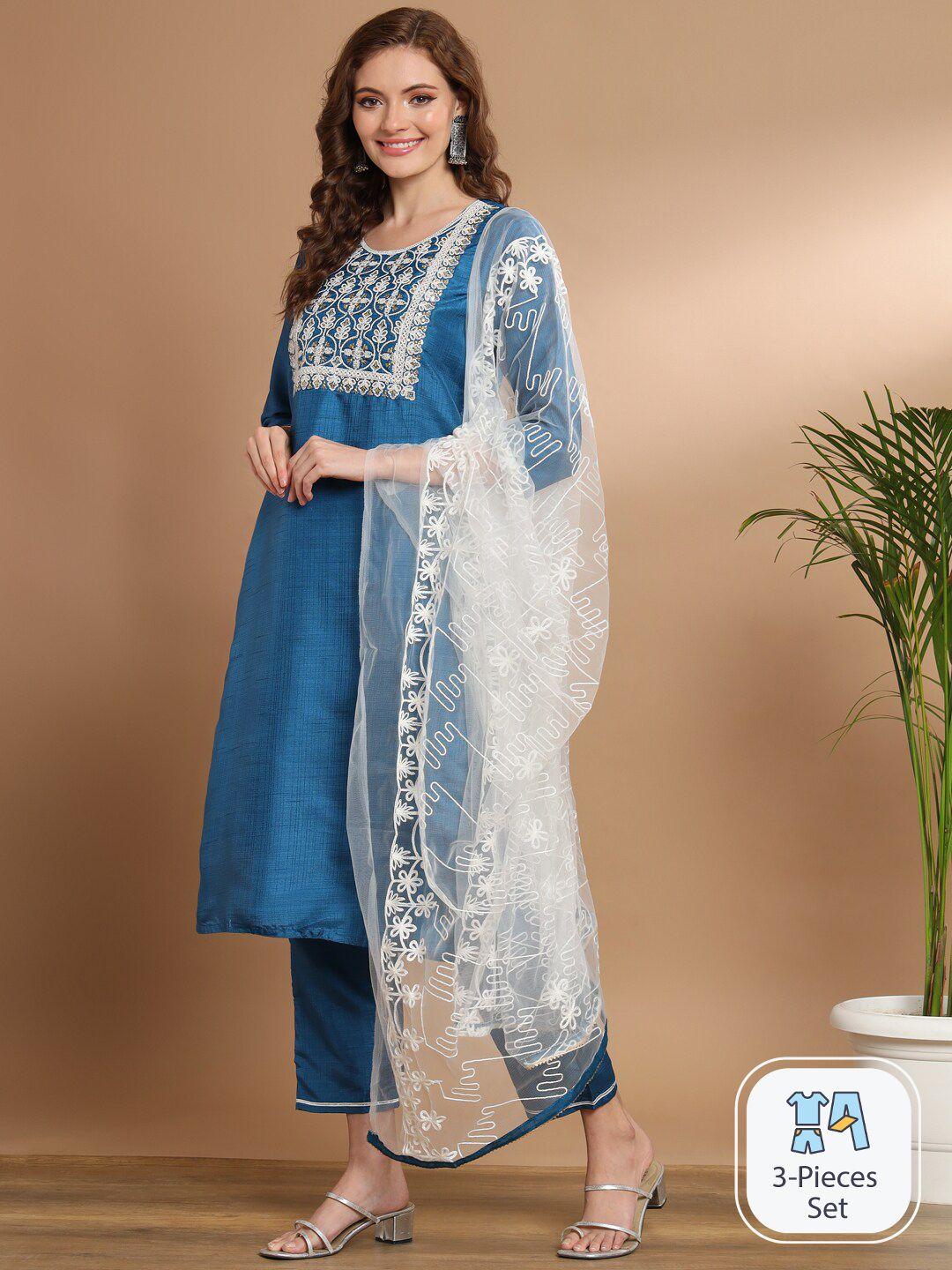 pptoss floral yoke design regular kurta with trousers & with dupatta