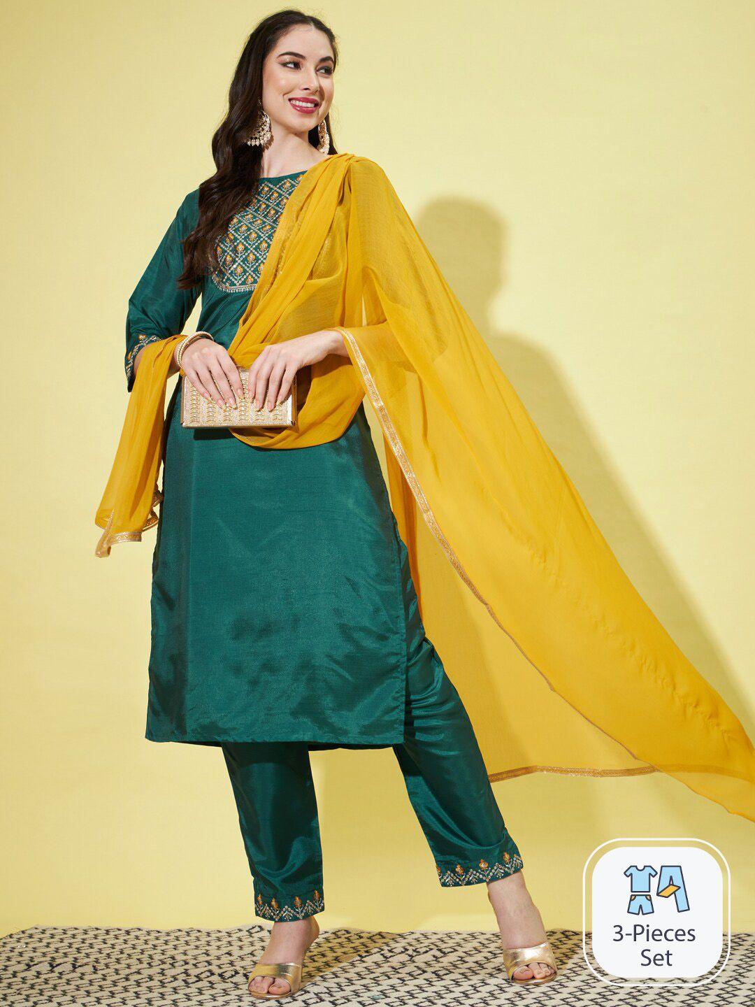 pptoss floral yoke embroidered sequinned kurta with trousers & with dupatta