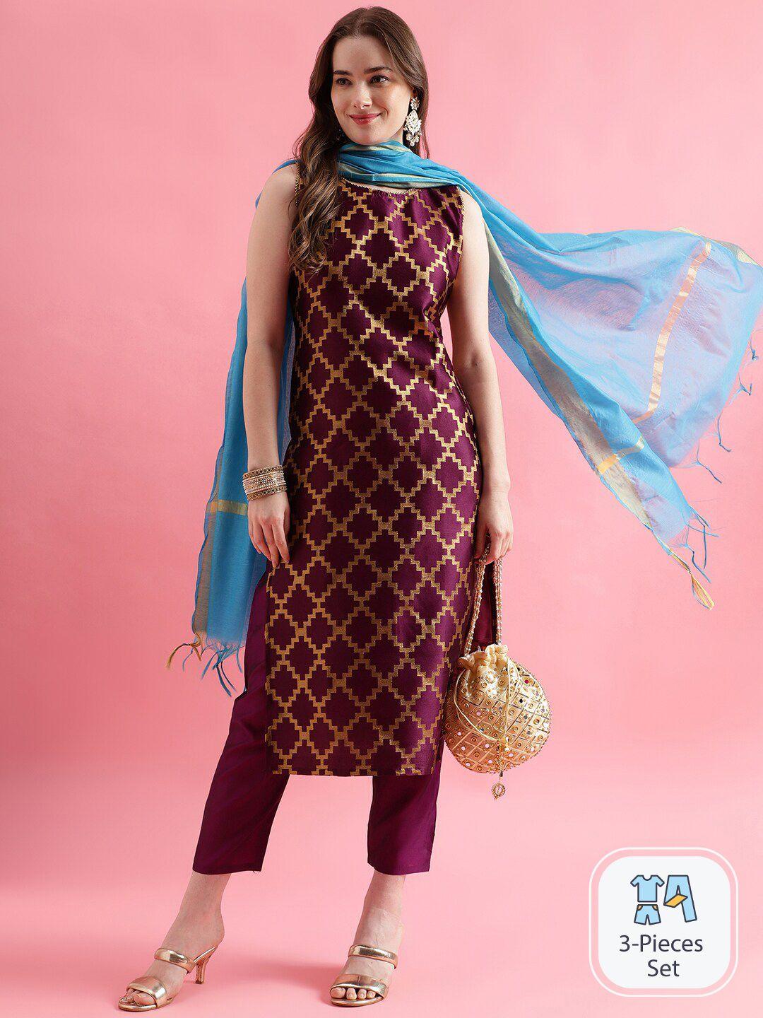 pptoss geometric woven design regular kurta with trousers & chanderi dupatta