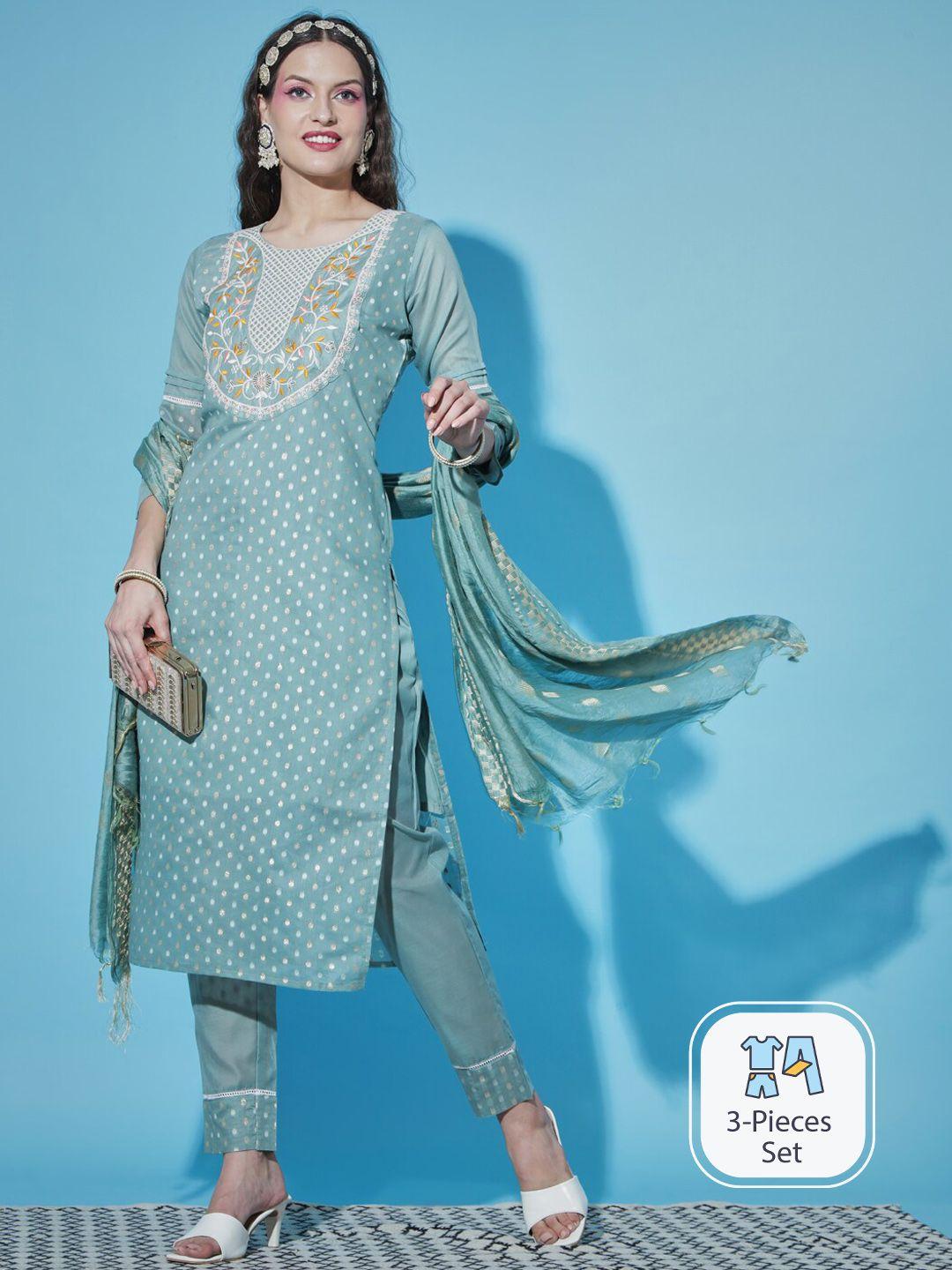 pptoss geometric woven design regular thread work kurta with trousers & dupatta