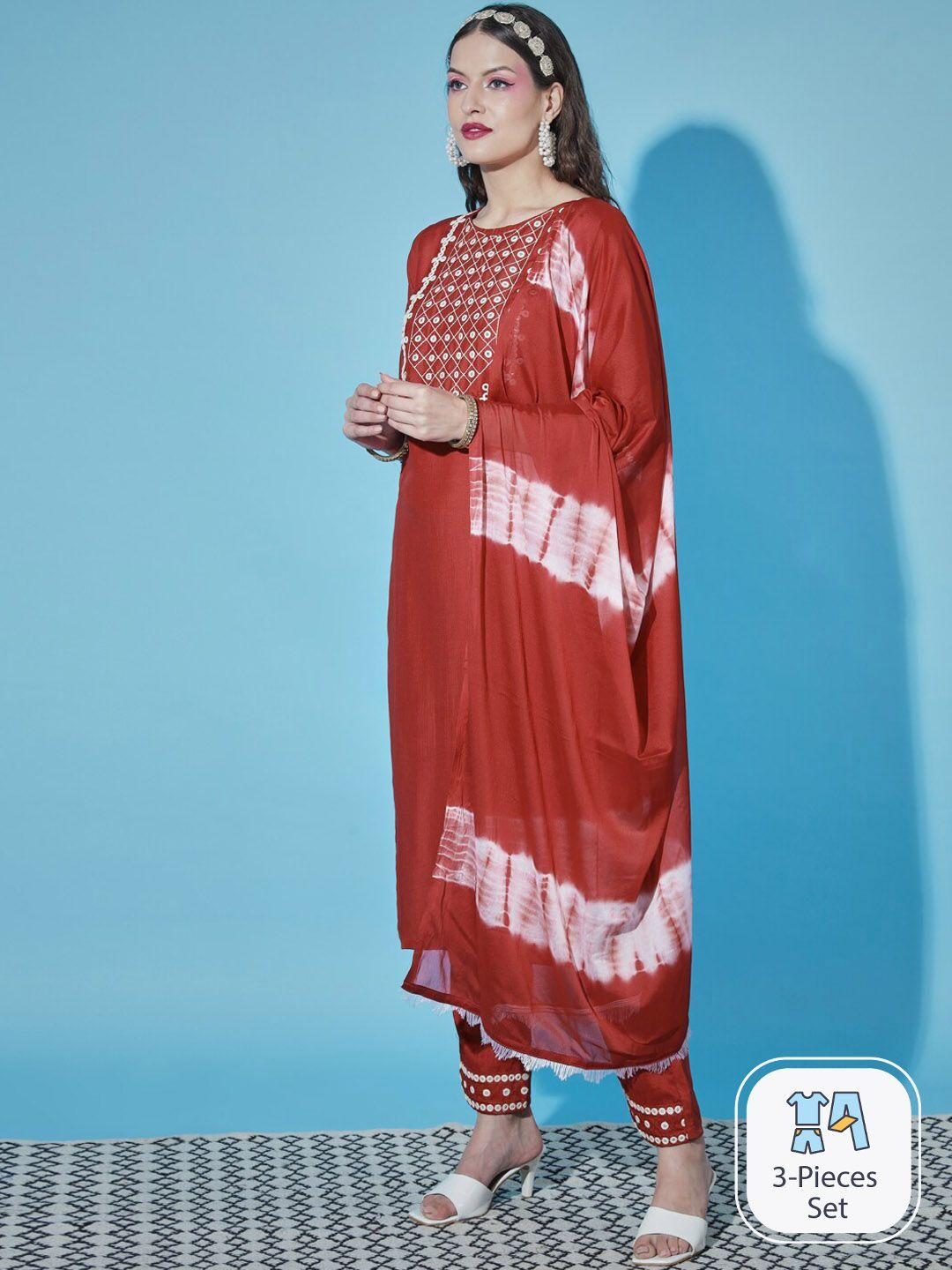 pptoss geometric yoke design mirror work kurta with trousers & dupatta