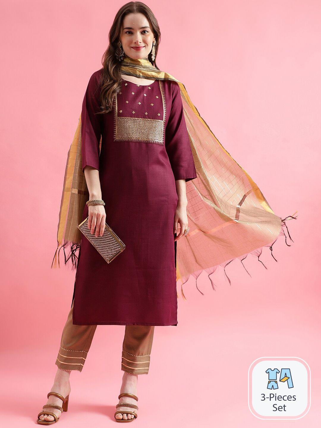 pptoss geometric yoke design sequined pure cotton straight kurta & trousers with dupatta