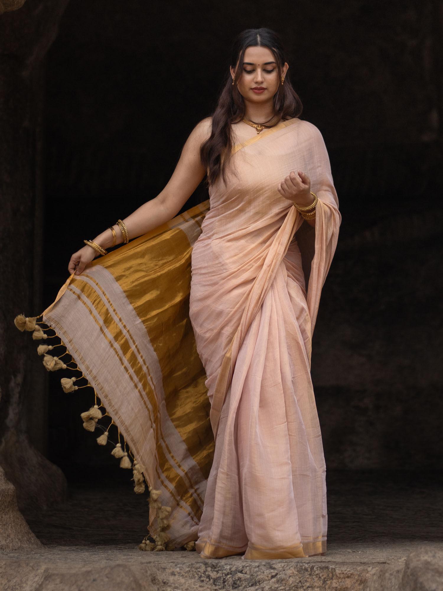 prabhava light pink tissue silk saree with golden border & unstitched blouse