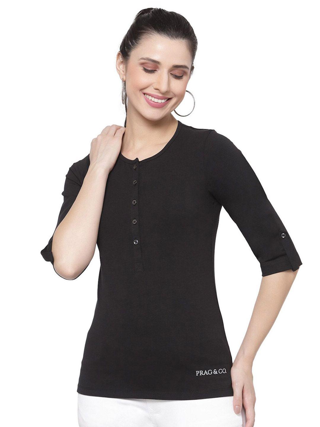 prag & co women black henley neck roll-up sleeves antimicrobial t-shirt