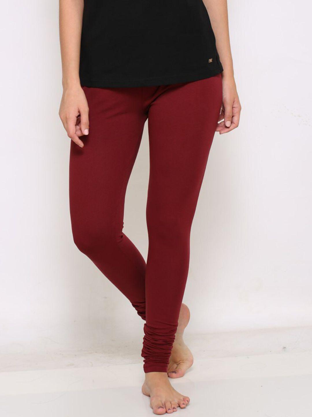 prag & co women maroon solid churidar-length leggings
