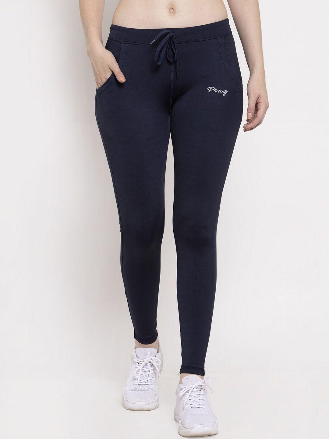 prag & co women navy blue solid rapid-dry fit organic cotton track pants