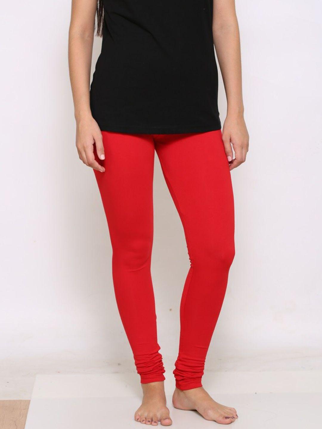 prag & co women red solid churidar-length super combed cotton leggings